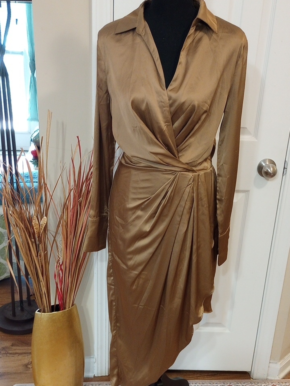 Satin Wrap Shirt Dress in Bronze